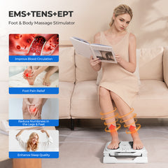 EMS Foot Massager for Neuropathy, TENS EMS Foot Nerve Circulation Stimulator for Pain Relief, 10 Modes and 50 Intensities, 4 Body Pads, Relieve Swelling, Cramps, Plantar Fasciitis