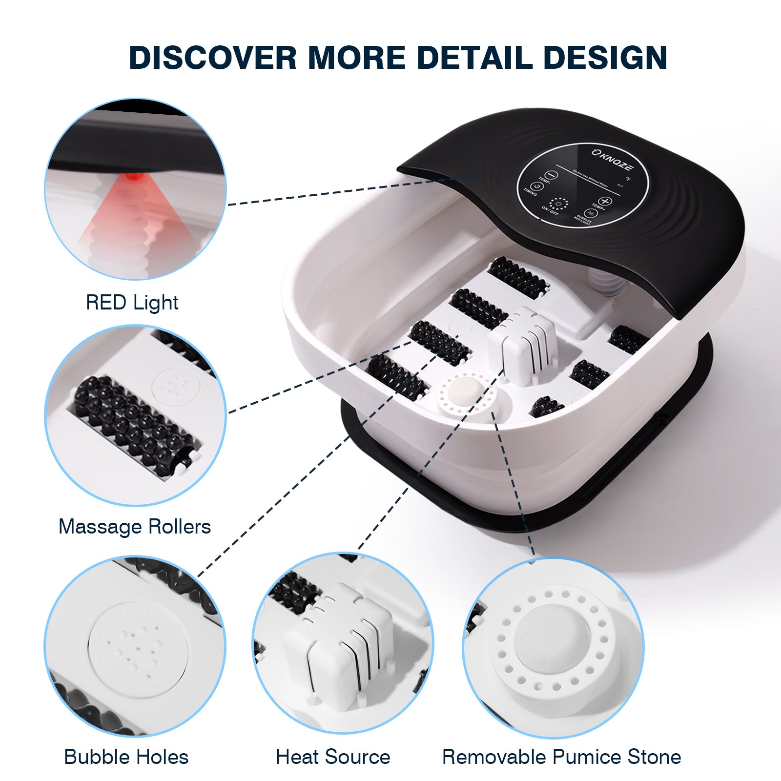 KNQZE Collapsible Foot Spa with Heat and Massage Rollers, Bubble, Red Light & Temp Control, Foot Care Soaker Tub for Home Use