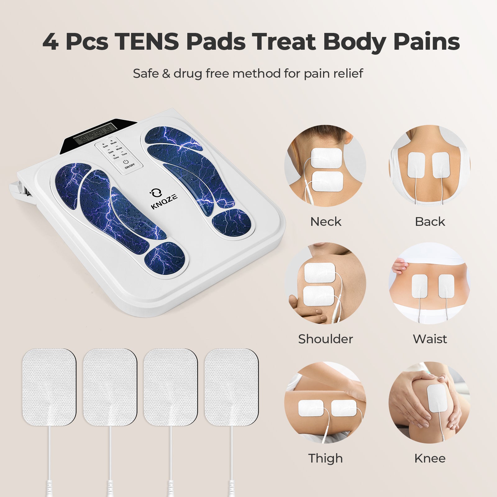 EMS Foot Massager for Neuropathy, TENS EMS Foot Nerve Circulation Stimulator for Pain Relief, 10 Modes and 50 Intensities, 4 Body Pads, Relieve Swelling, Cramps, Plantar Fasciitis