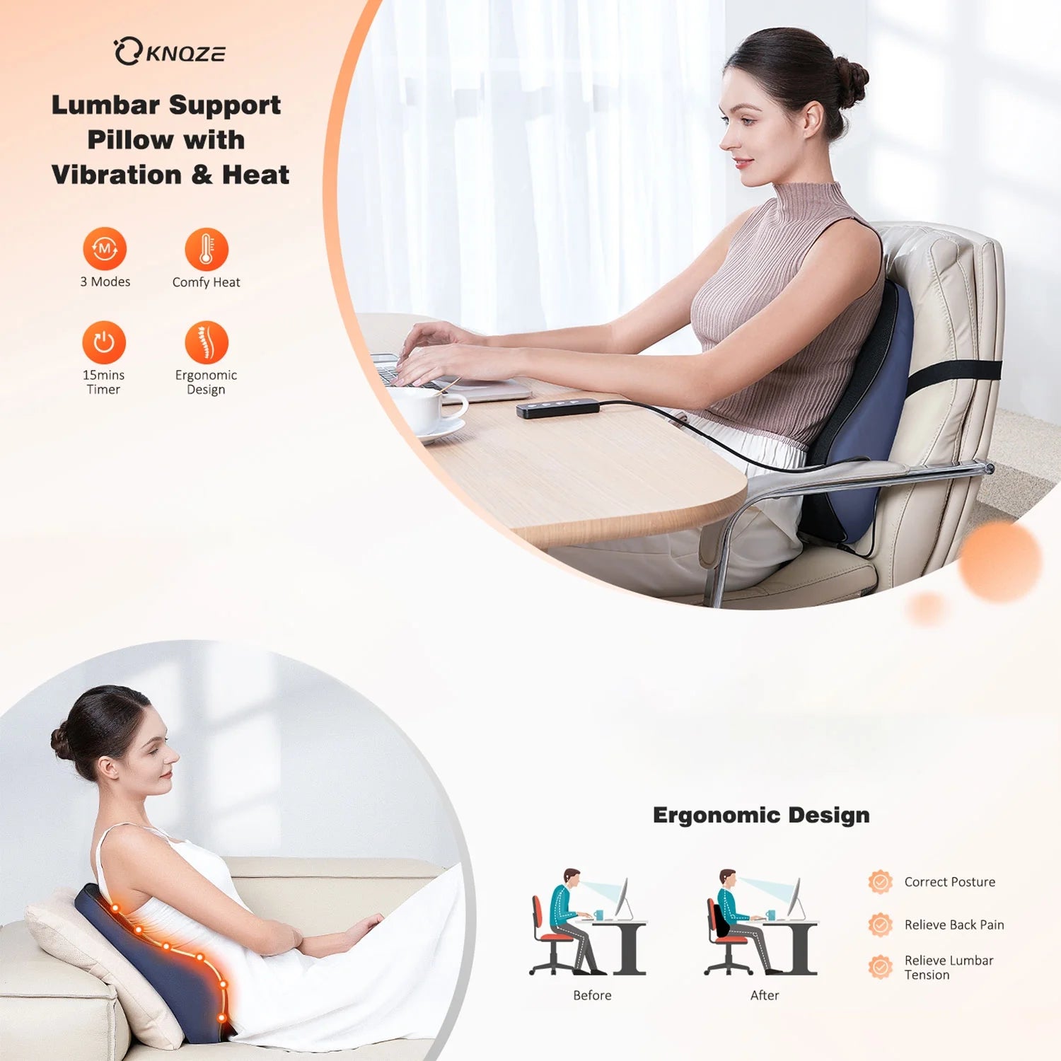 KNQZE Lumbar Support Pillow with Heat and Vibration