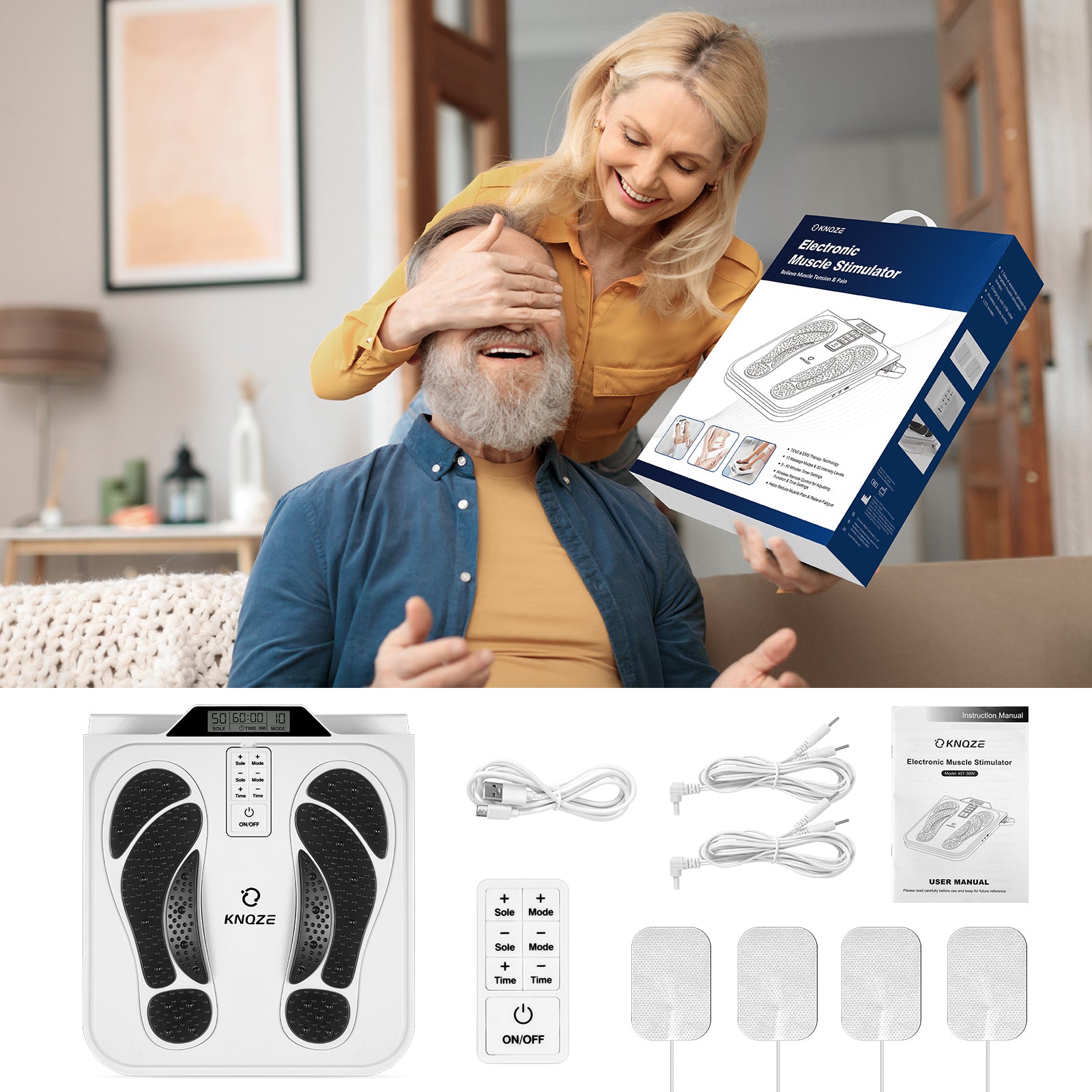 EMS Foot Massager for Neuropathy, TENS EMS Foot Nerve Circulation Stimulator for Pain Relief, 10 Modes and 50 Intensities, 4 Body Pads, Relieve Swelling, Cramps, Plantar Fasciitis