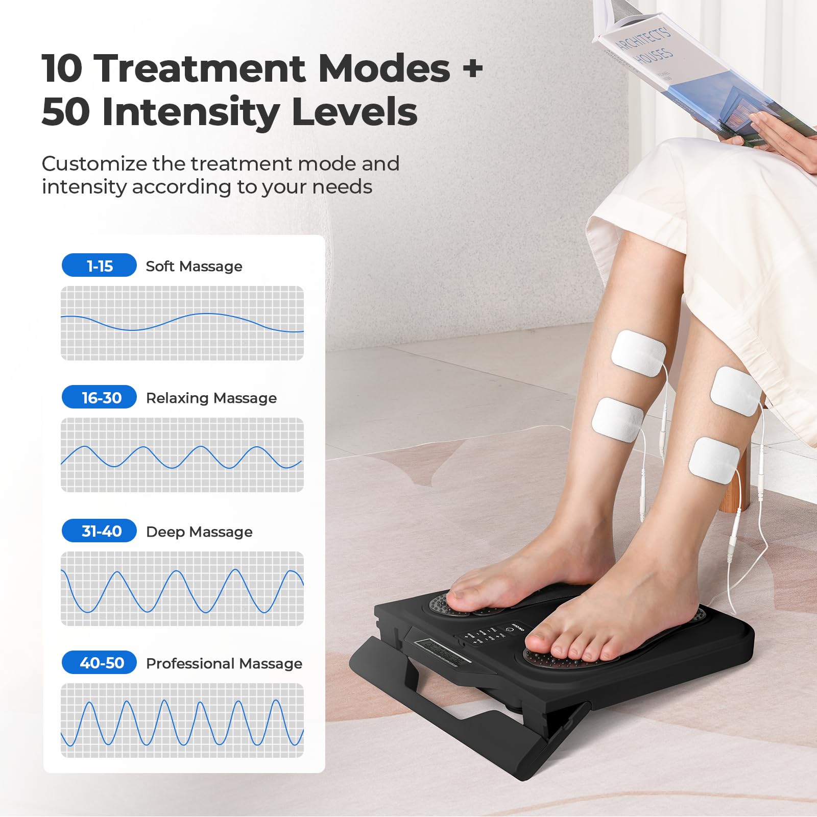 KNQZE Rechargeable Foot Massager Machine, with Remote Control, 10 Massage Modes 50 Intensity Levels, Wireless for Muscle Relaxation, Includes 4 Gel Pads, Black