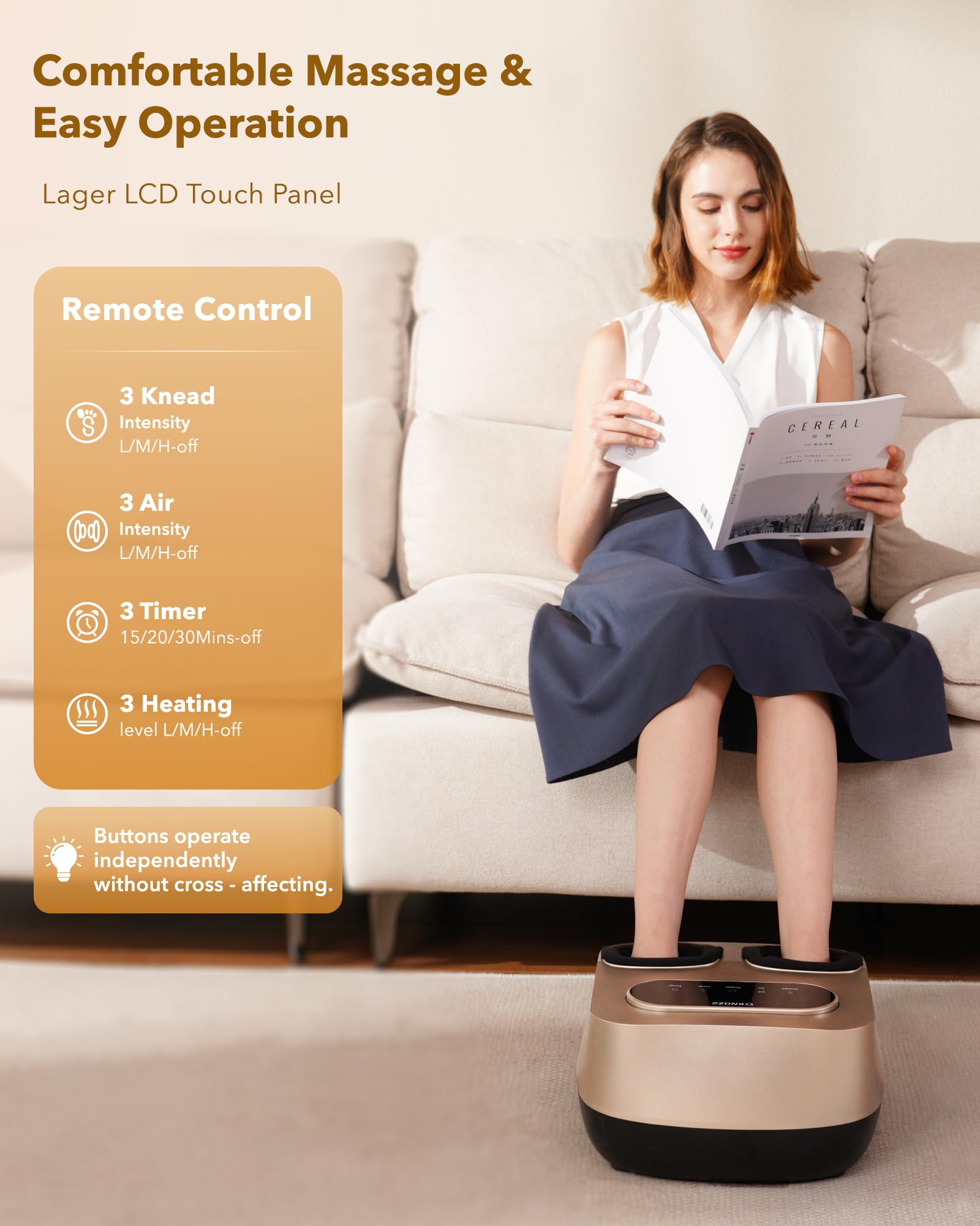 KNQZE Foot Massager with Heat and Remote, Shiatsu Deep Kneading Foot Massager & Foot Warmer, Fits Up to Men’s Size 12 (Gold)