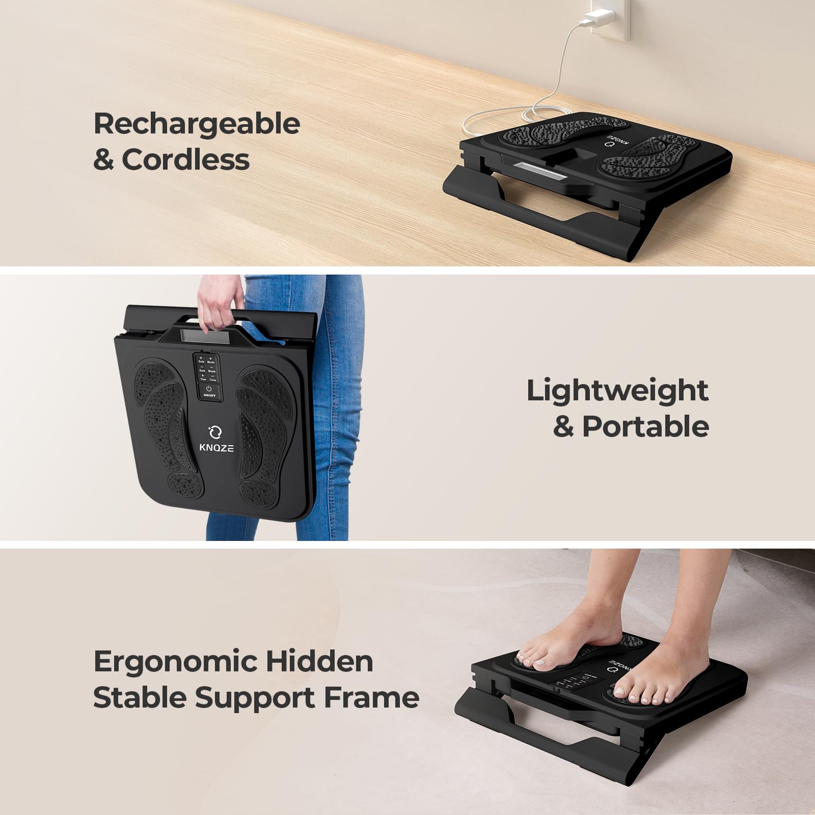 KNQZE Rechargeable Foot Massager Machine, with Remote Control, 10 Massage Modes 50 Intensity Levels, Wireless for Muscle Relaxation, Includes 4 Gel Pads, Black